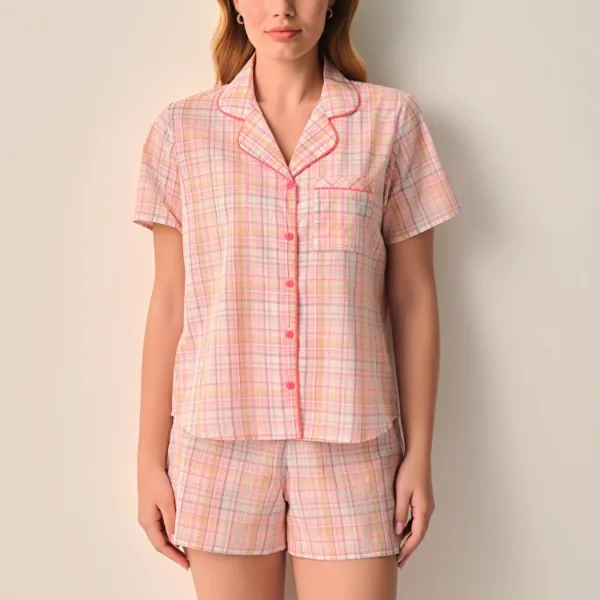 Plaid Print Lily Shirt Collar Short Set